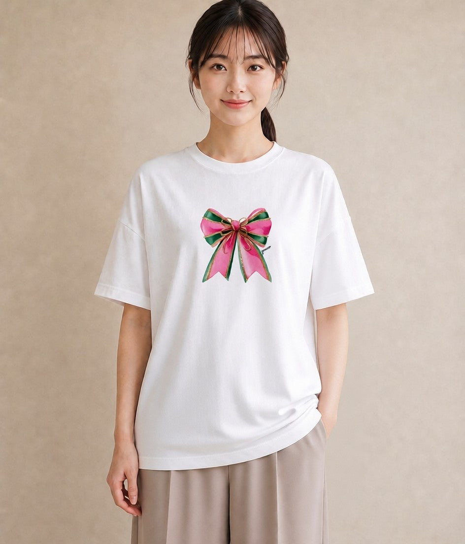 プリントTシャツ レディース リボン 蝶結び ナチュラル アンティーク イラスト こなれ感 ママ カフェ服 白T