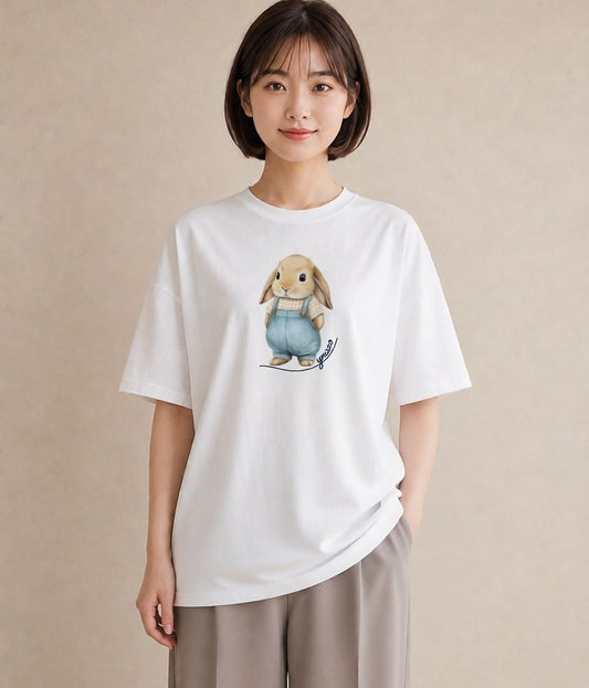 Tシャツ レディース ライオンラビット ペット 動物 イラスト 手描き風 通勤 在宅 白T