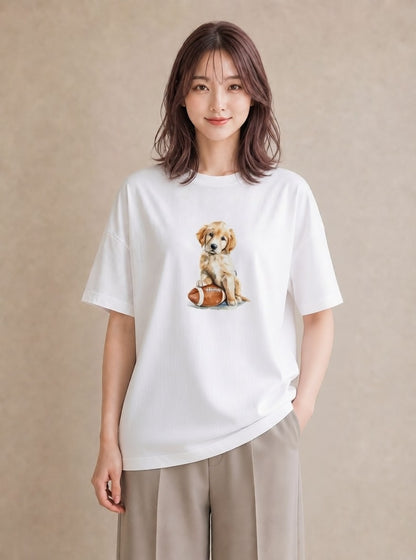 Tシャツ レディース ゴールデンレトリバー ゴールデン 犬 いぬ イラスト 水彩風 カジュアルコーデ 買い物 白T