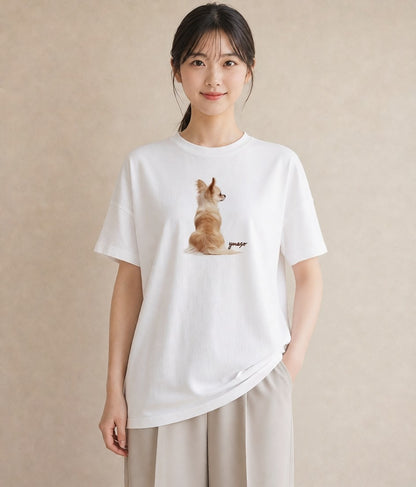 グラフィックTシャツ レディース ロングコートチワワ 犬 いぬ イラスト ミニマル 部屋着 女性向けギフト 白T