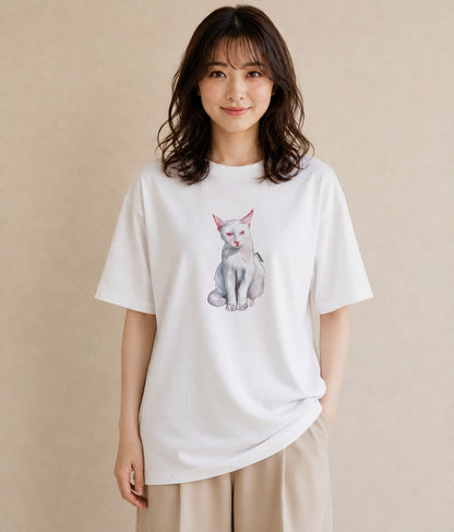 デザインTシャツ レディース 猫 ねこ イラスト ゆるかわ ペアコーデ 秋コーデ 白T