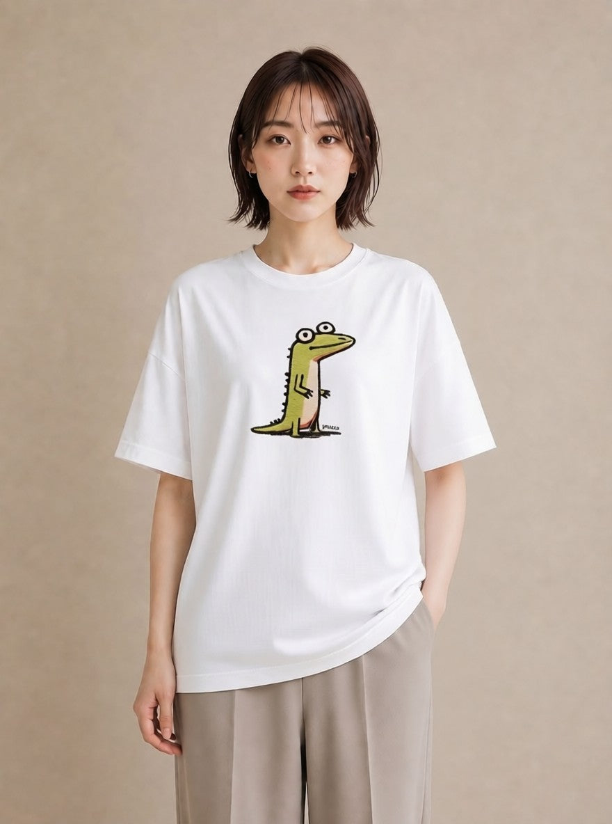 デザインTシャツ レディース ヤモリ ペット 動物 イラスト ヴィンテージ風 海 カフェ巡り 白T