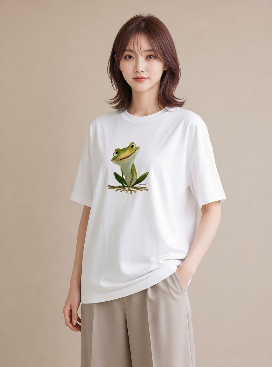 Tシャツ レディース アマガエル ペット 動物 イラスト きれいめカジュアル 部屋着 女性向けギフト 白T