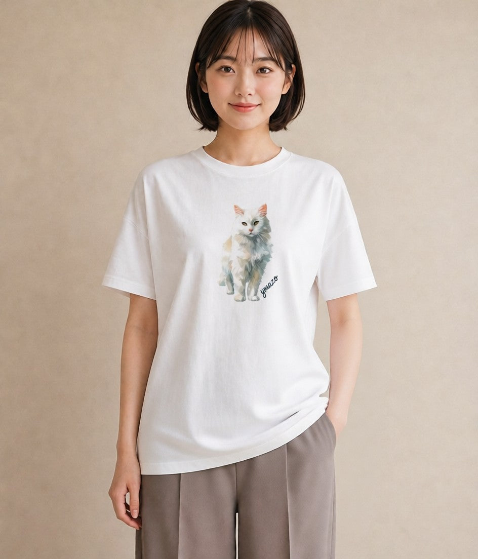 半袖Tシャツ レディース 猫好き 猫 ねこ イラスト ミニマル 女子会 お揃い 白T