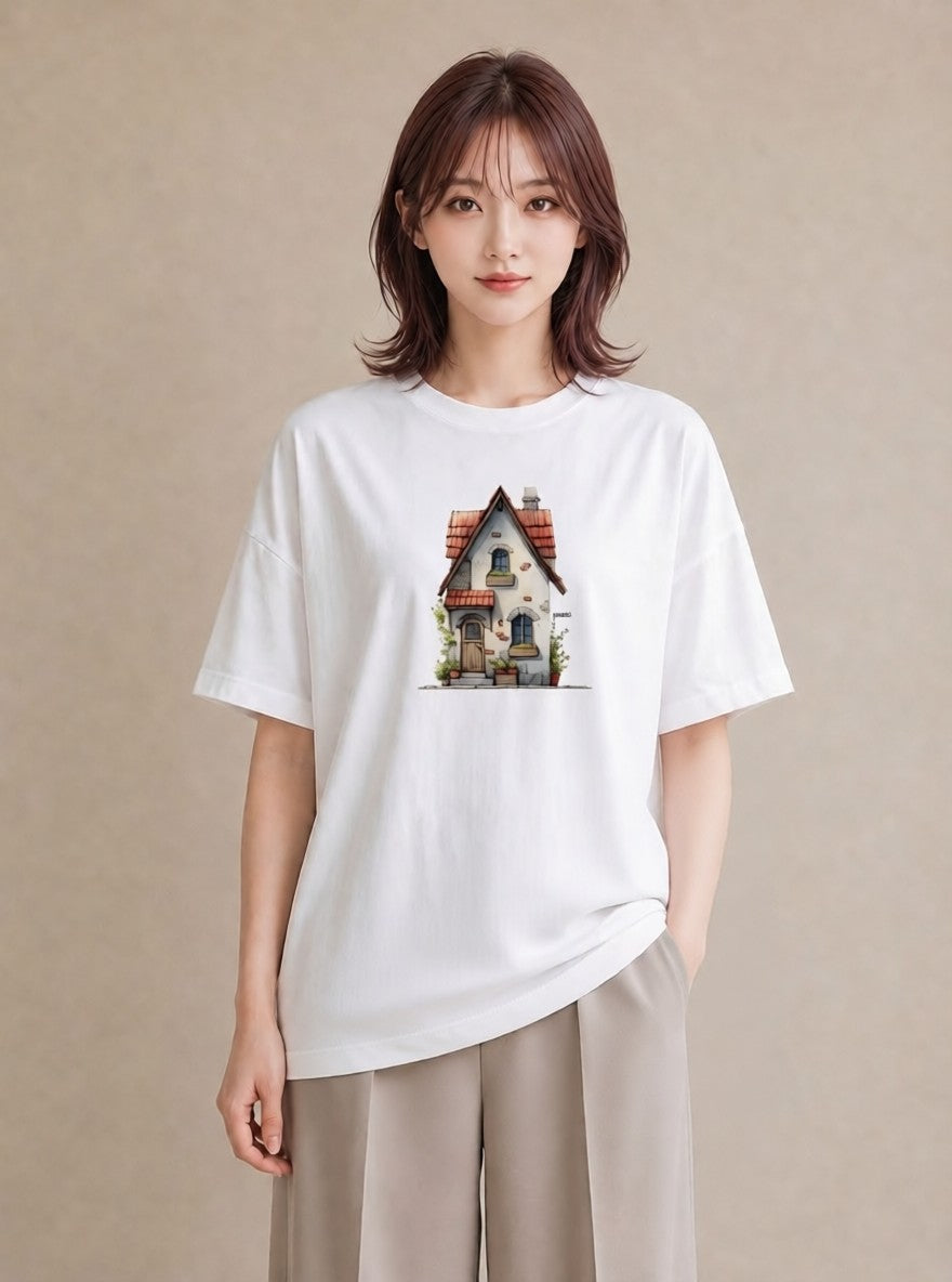 デザインTシャツ レディース 湖畔の小屋 湖 小屋 ナチュラル アンティーク イラスト こなれ感 カフェ服 クリスマス 白T