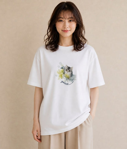 プリントTシャツ レディース ロシアンブルー 猫 ねこ イラスト 線画 デイリーウェア 休日 白T
