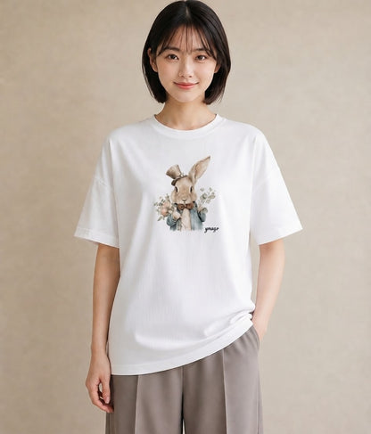 デザインTシャツ レディース ライオンラビット ペット 動物 イラスト 旅行用 海 白T