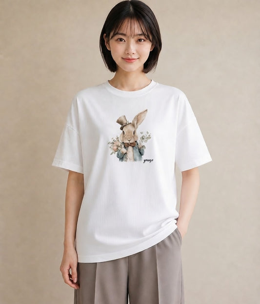 デザインTシャツ レディース ライオンラビット ペット 動物 イラスト 旅行用 海 白T