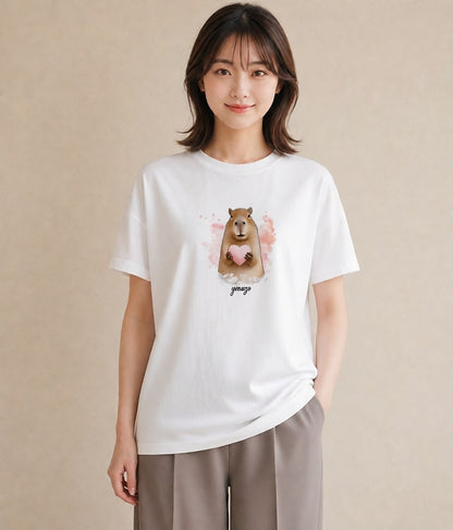 半袖Tシャツ レディース モルモット ペット 動物 イラスト 手描き風 誕生日プレゼント 綿100 白T