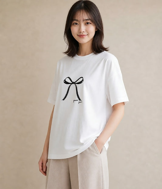 プリントTシャツ レディース リボン ボウ りぼん イラスト ナチュラル 通学 誕生日プレゼント 白T