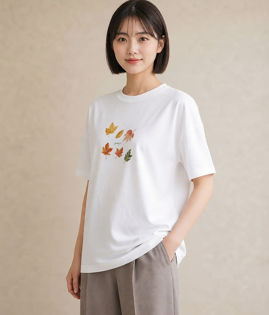 プリントTシャツ レディース 落ち葉 植物 ボタニカル イラスト 手描き風 部屋着 女性向けギフト 白T