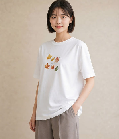 プリントTシャツ レディース 落ち葉 植物 ボタニカル イラスト 手描き風 部屋着 女性向けギフト 白T