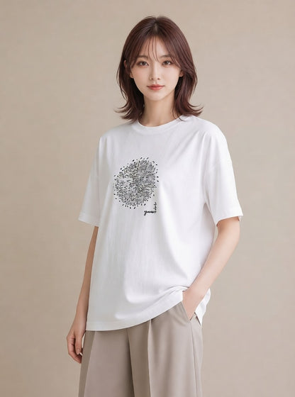 グラフィックTシャツ レディース 扇子 そよ風 ナチュラル アンティーク イラスト 個性的 カフェ巡り 女子会 白T