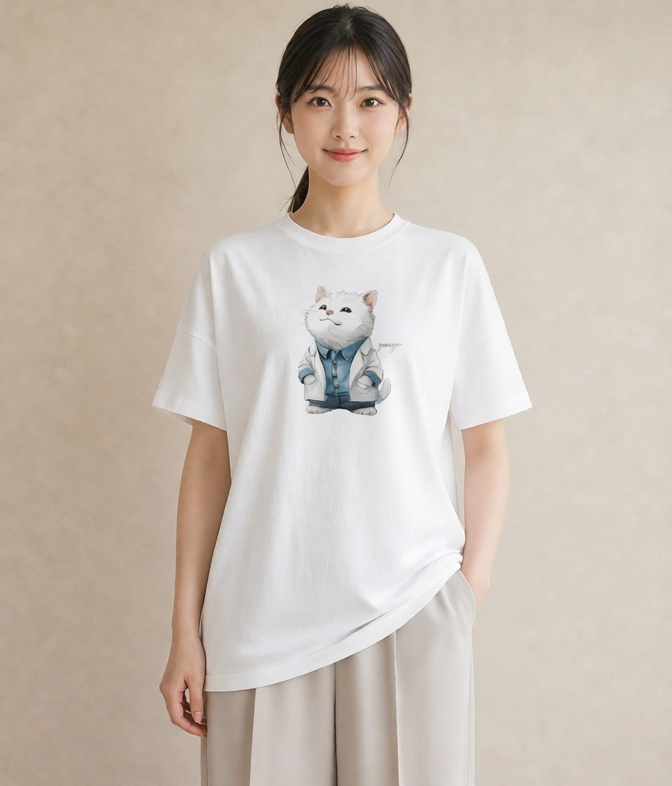 グラフィックTシャツ レディース サバトラ 猫 ねこ イラスト フェミニン デイリーウェア 休日 白T