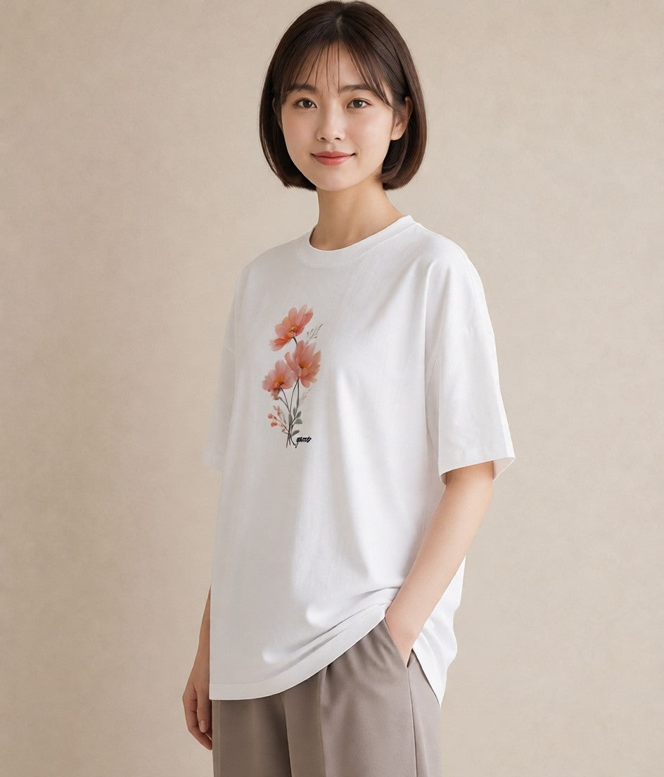 グラフィックTシャツ レディース ポスト 野の花 レトロ ナチュラル アンティーク イラスト こなれ感 通勤 在宅 白T