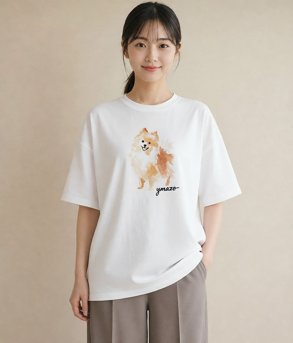 プリントTシャツ レディース ポメラニアン ポメ 犬 いぬ イラスト きれいめ 春服 ミセス 白T