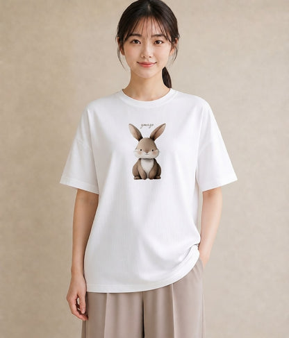 Tシャツ レディース ライオンラビット ペット 動物 イラスト ボタニカル 自分用 ルームウェア 白T