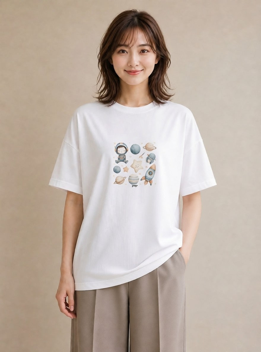 プリントTシャツ レディース プラネット 星空 宇宙 イラスト 韓国風 散歩 お出かけ 白T