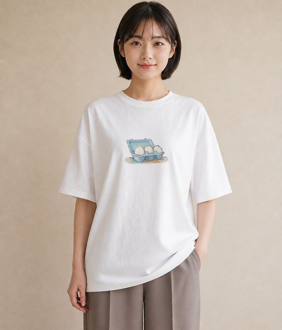 半袖Tシャツ レディース たまご 食べ物 フード イラスト 個性的 敬老の日 ホワイトデー 白T