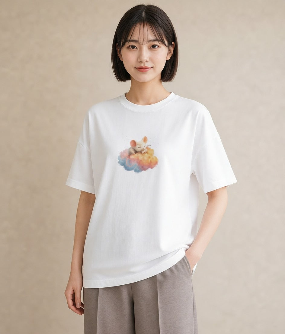 半袖Tシャツ レディース 雲 星空 宇宙 イラスト 手描き風 旅行 母娘コーデ 白T