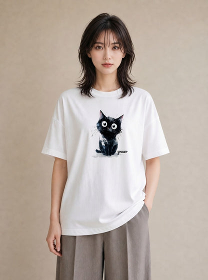 デザインTシャツ レディース ハチワレ 白黒猫 猫 ねこ イラスト 手描き風 母娘コーデ 自分用 白T