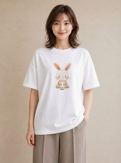 半袖Tシャツ レディース うさぎ ウサギ ラビット ペット 動物 イラスト 上品 女子会 お揃い 白T