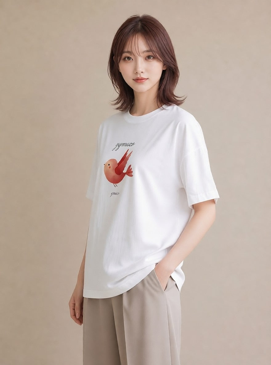プリントTシャツ レディース 文鳥 ペット 動物 イラスト 線画 ペアコーデ 秋コーデ 白T