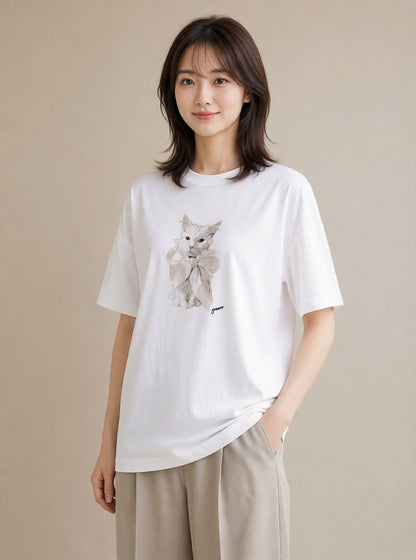 グラフィックTシャツ レディース 白猫 猫 ねこ イラスト ゆるコーデ 送別ギフト 通勤 白T
