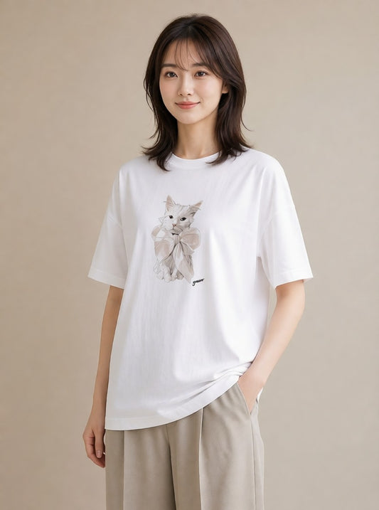 グラフィックTシャツ レディース 白猫 猫 ねこ イラスト ゆるコーデ 送別ギフト 通勤 白T