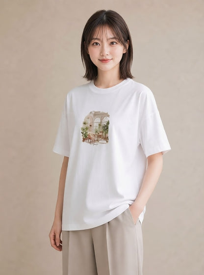グラフィックTシャツ レディース 夕暮れ バルコニー 夕焼け ナチュラル アンティーク イラスト 抜け感 在宅 公園 白T