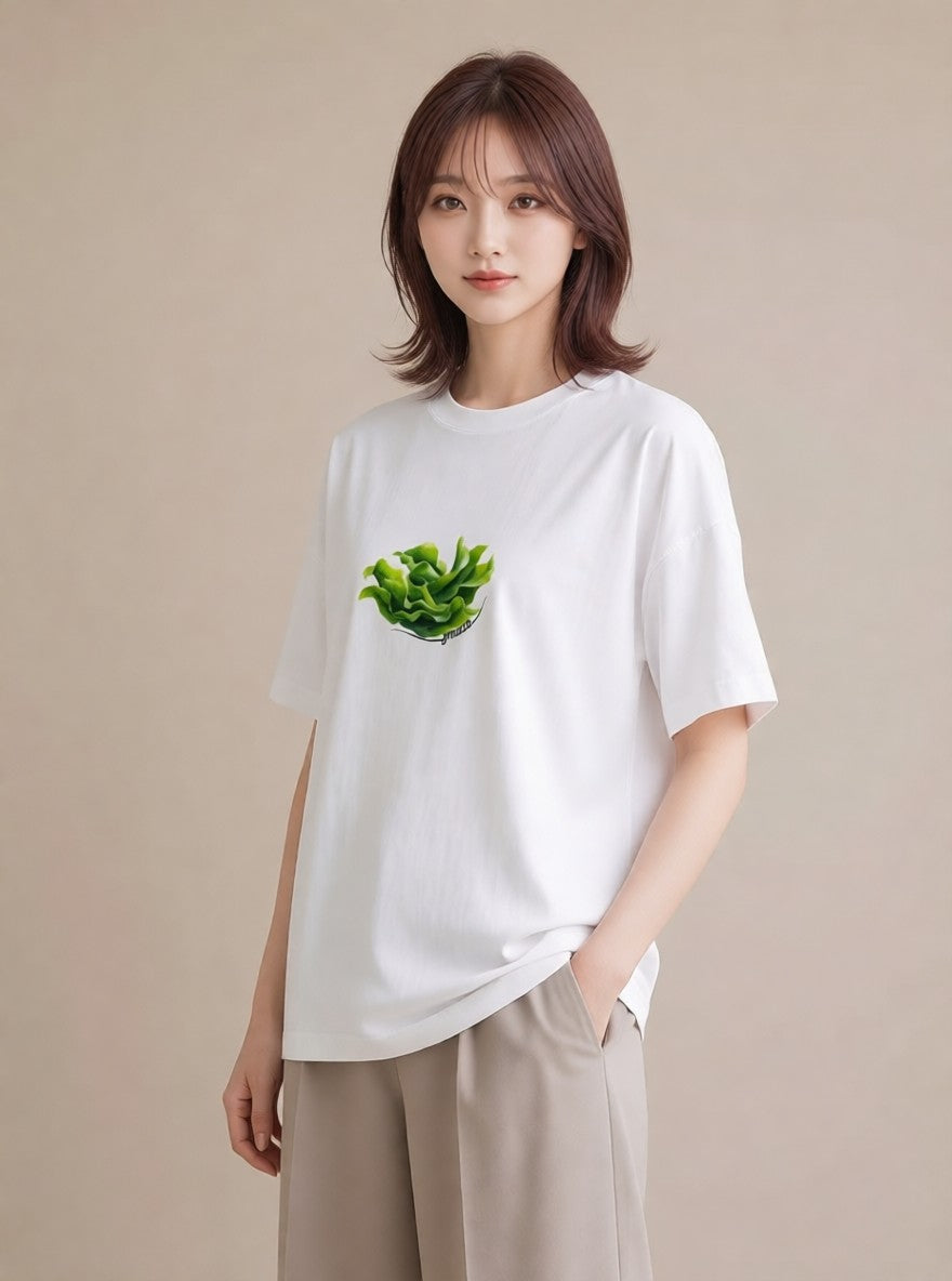 Tシャツ レディース 新緑 植物 ボタニカル イラスト 線画 カジュアルコーデ 買い物 白T