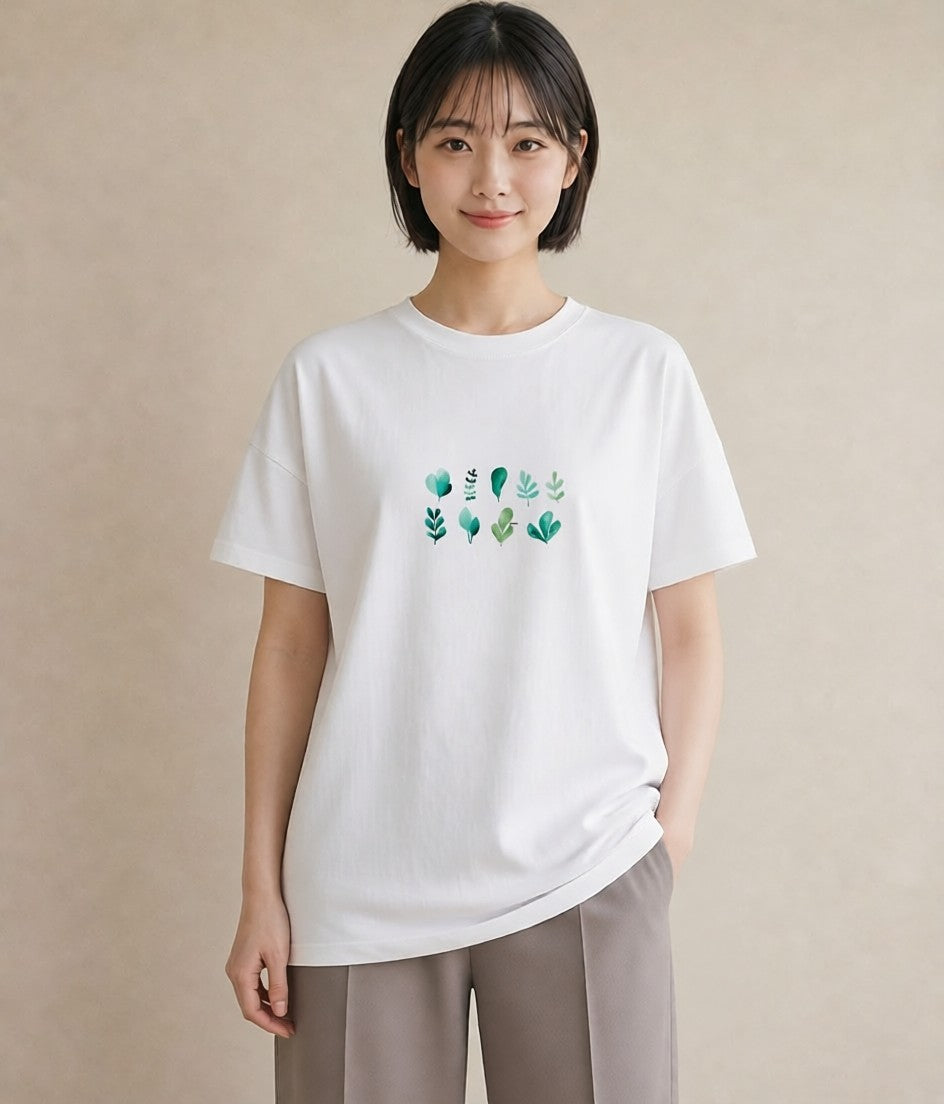 Tシャツ レディース 新緑 植物 ボタニカル イラスト 可愛い ミセス 春コーデ 白T