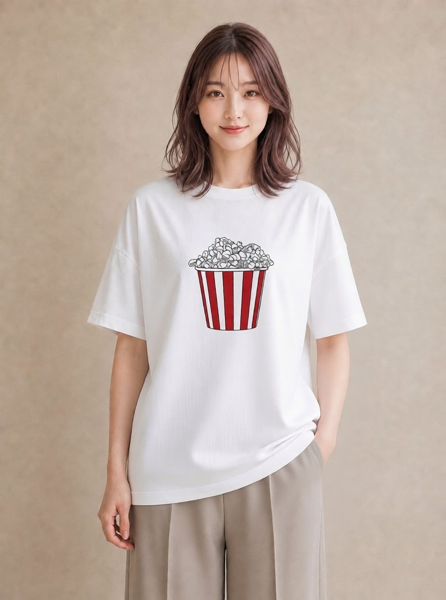Tシャツ レディース ポップコーン 食べ物 フード イラスト 手描き風 女子会 お揃い 白T