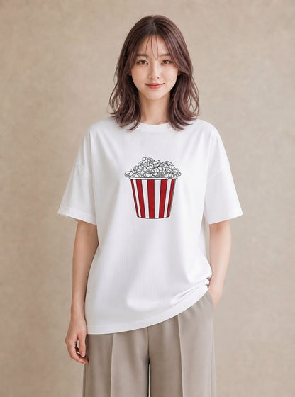 Tシャツ レディース ポップコーン 食べ物 フード イラスト 手描き風 女子会 お揃い 白T
