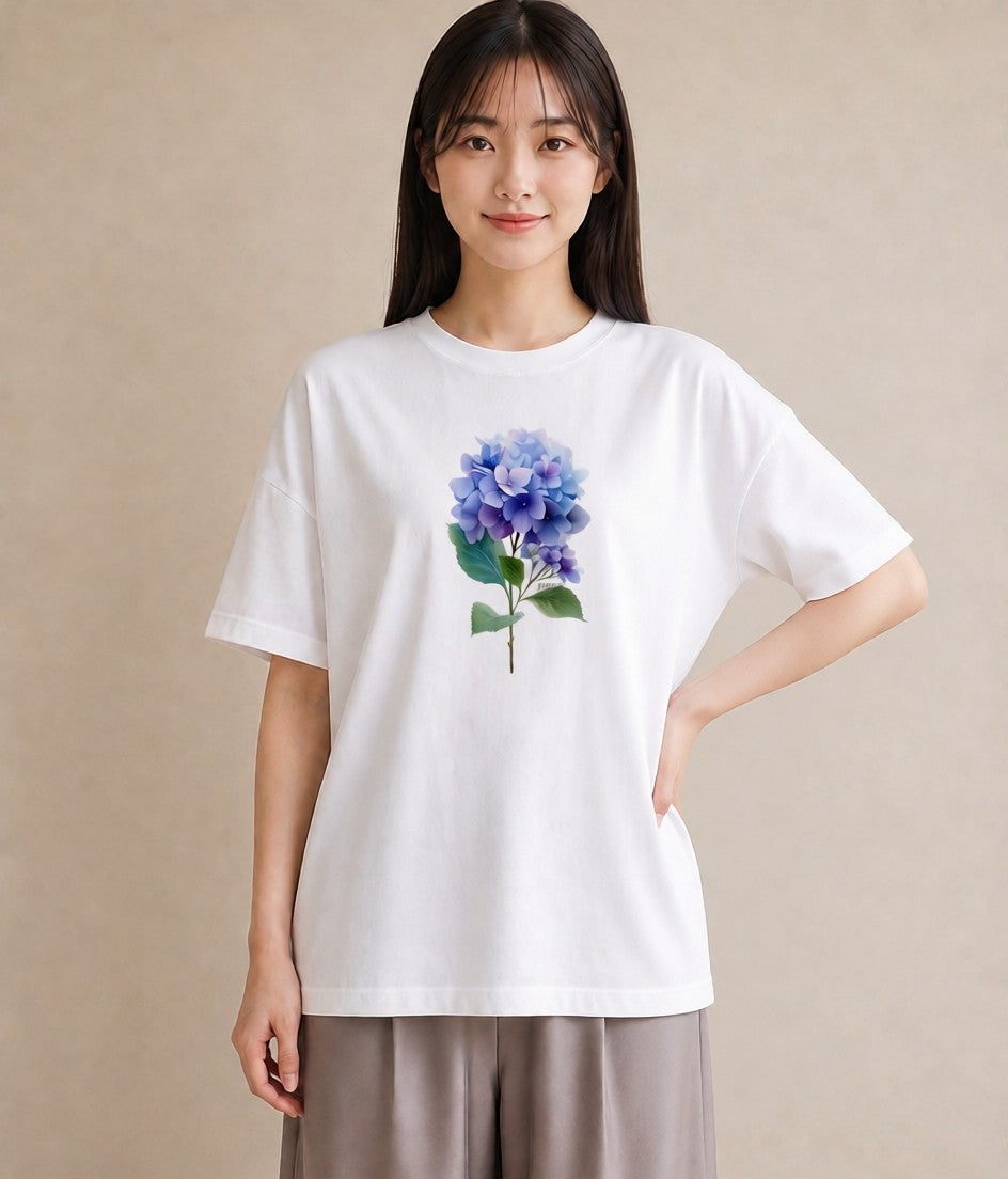 プリントTシャツ レディース あじさい 紫陽花 アジサイ 花 花柄 イラスト 上品 友達ギフト 部屋着 白T