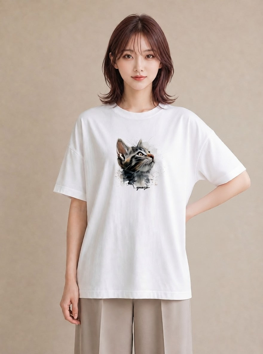 デザインTシャツ レディース 愛猫 猫 ねこ イラスト 韓国風 ミセス 春コーデ 白T