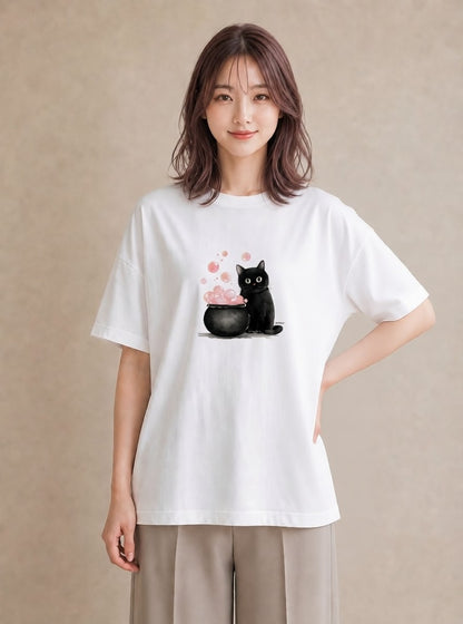 デザインTシャツ レディース ハチワレ 白黒猫 猫 ねこ イラスト 淡色 自分用 ルームウェア 白T