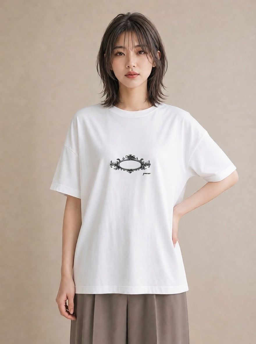 デザインTシャツ レディース 手鏡 アンティーク レトロ ナチュラル イラスト 手描き風 通学 誕生日プレゼント 白T