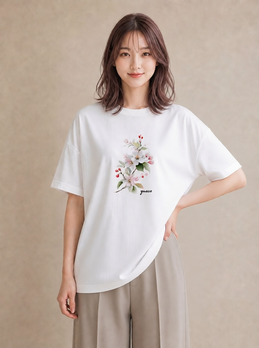 半袖Tシャツ レディース 梅 花 花柄 イラスト こなれ感 母娘コーデ 自分用 白T