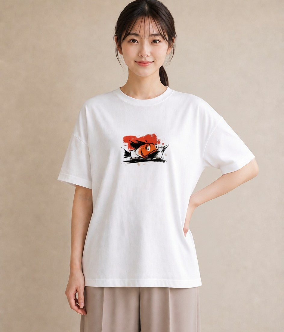 プリントTシャツ レディース 金魚 ペット 動物 イラスト きれいめ 帰省 ラフ 白T