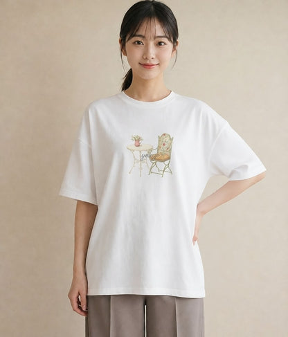デザインTシャツ レディース 夕暮れ バルコニー 夕焼け ナチュラル アンティーク イラスト レトロ カフェ服 クリスマス 白T
