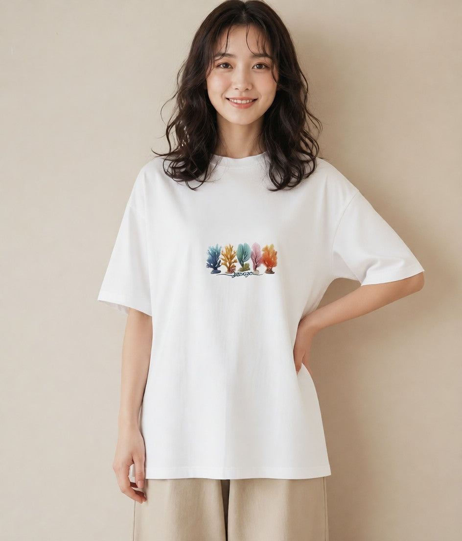 プリントTシャツ レディース サンゴ 海の生き物 海 イラスト ボタニカル ミセス 春コーデ 白T
