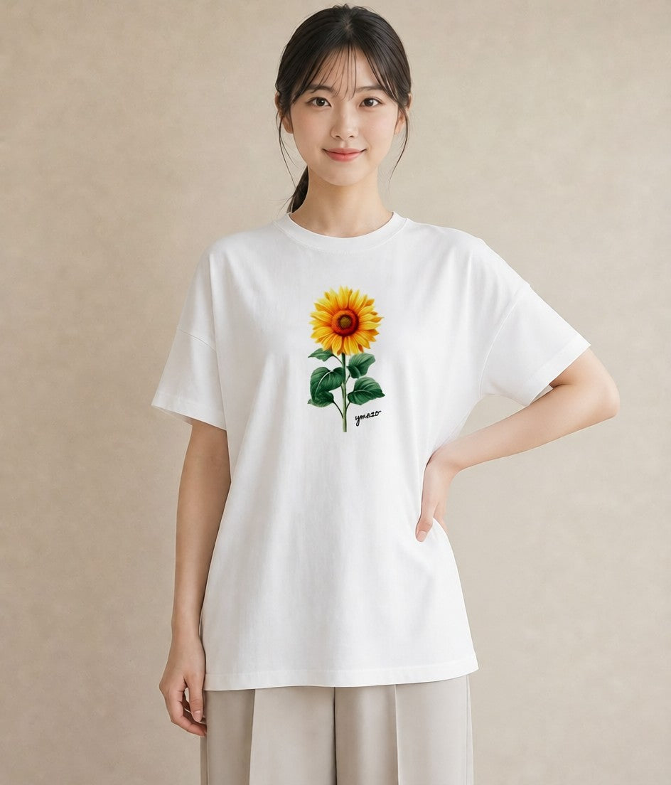 プリントTシャツ レディース ひまわり 向日葵 花 花柄 イラスト シンプル ビーチ デイリーウェア 白T