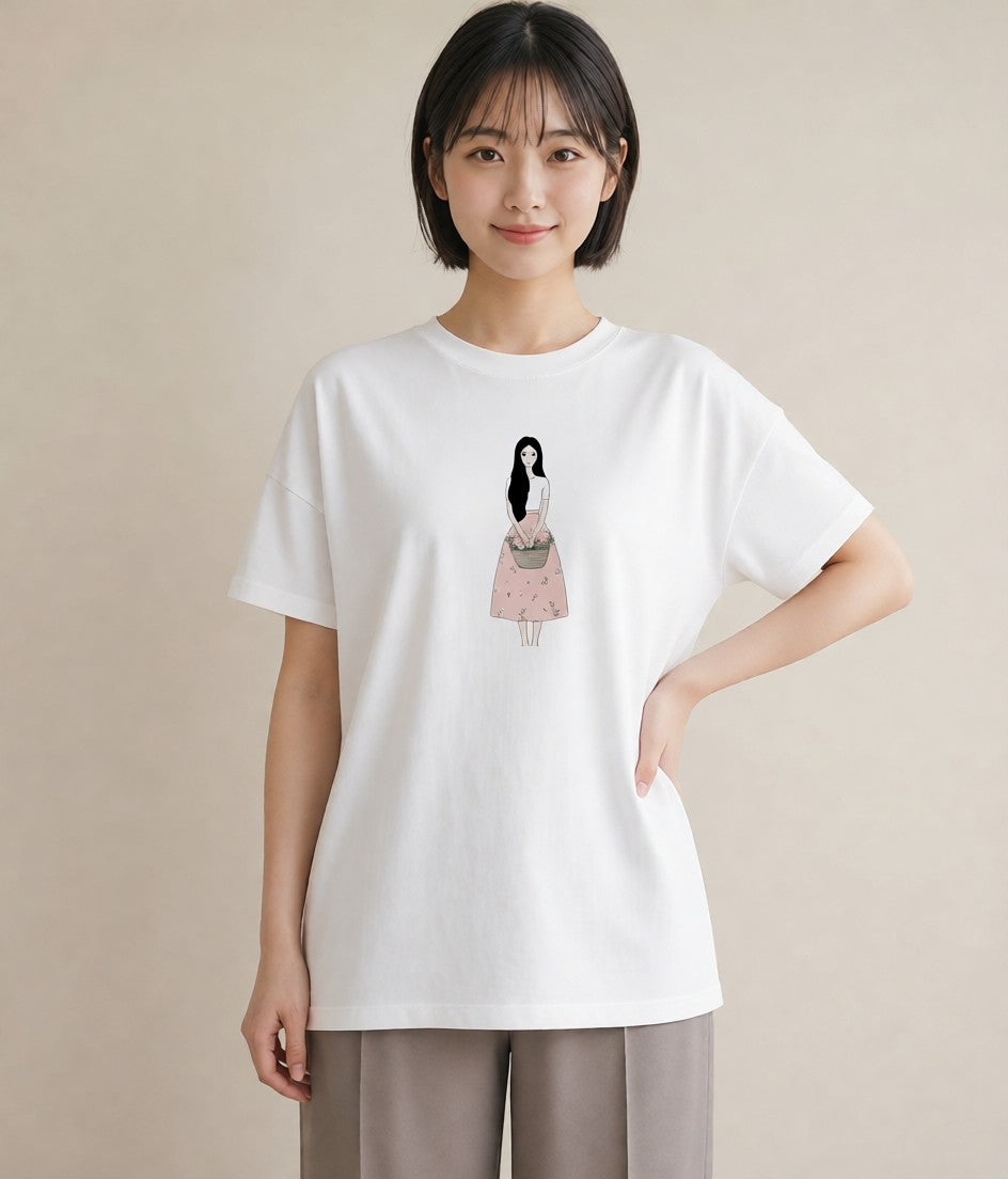 グラフィックTシャツ レディース 自転車のかご 自転車 花かご ナチュラル アンティーク イラスト シック 敬老の日 ホワイトデー 白T