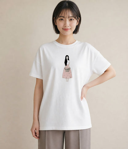 グラフィックTシャツ レディース 自転車のかご 自転車 花かご ナチュラル アンティーク イラスト シック 敬老の日 ホワイトデー 白T