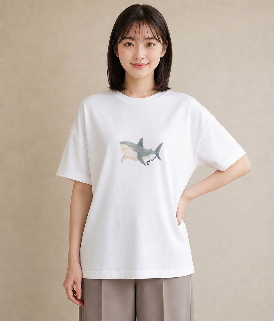プリントTシャツ レディース ジンベエザメ 海の生き物 海 イラスト お洒落 20代 カジュアルコーデ 白T