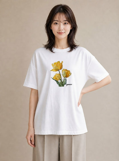 プリントTシャツ レディース チューリップ 花 花柄 イラスト ラフ 女性向けギフト 散歩 白T