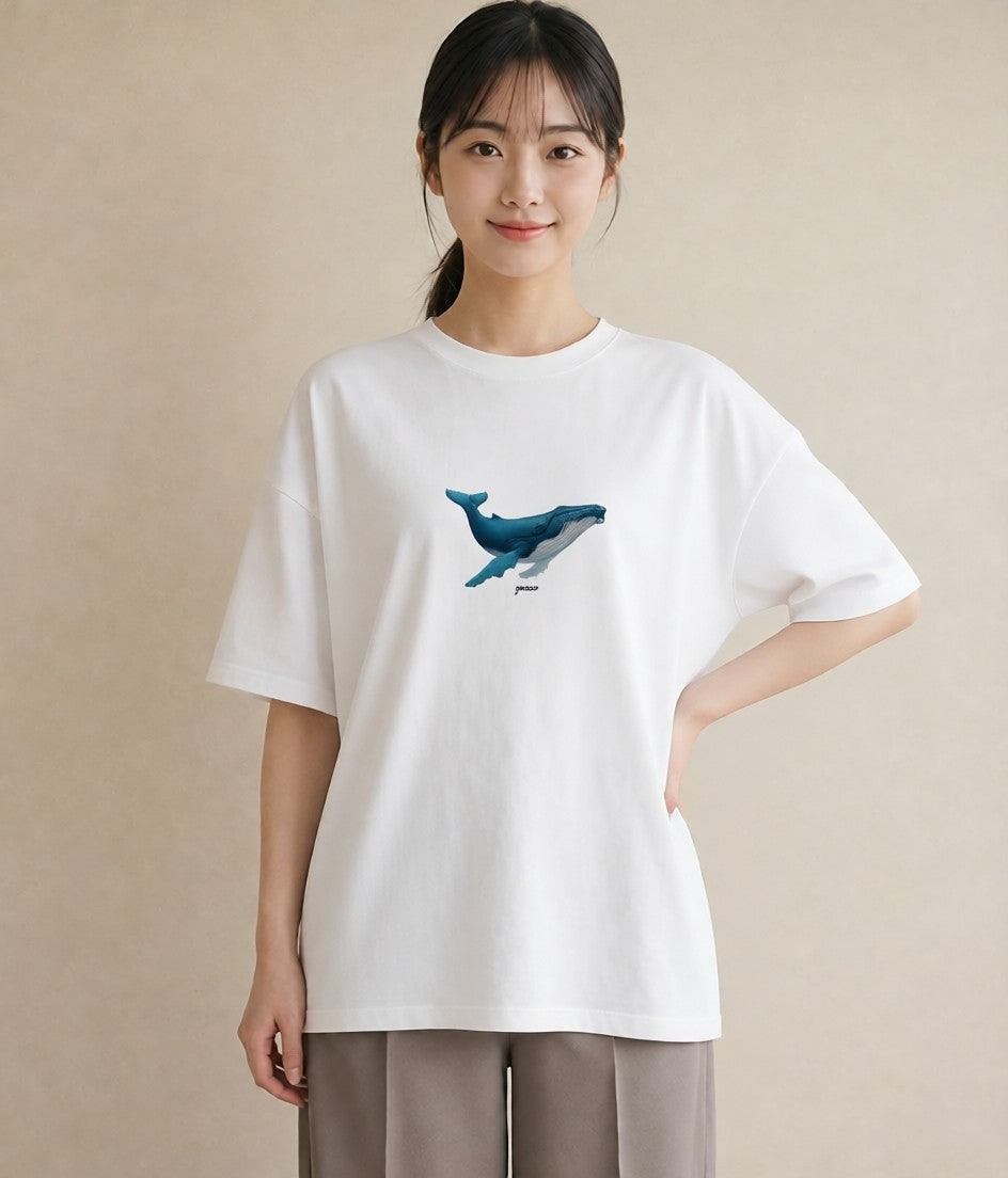 デザインTシャツ レディース クジラ 海の生き物 海 イラスト 淡色 ミセス 春コーデ 白T