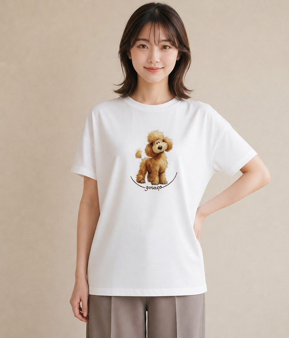 半袖Tシャツ レディース トイプードル プードル 犬 いぬ イラスト 手描き風 カジュアルコーデ 買い物 白T