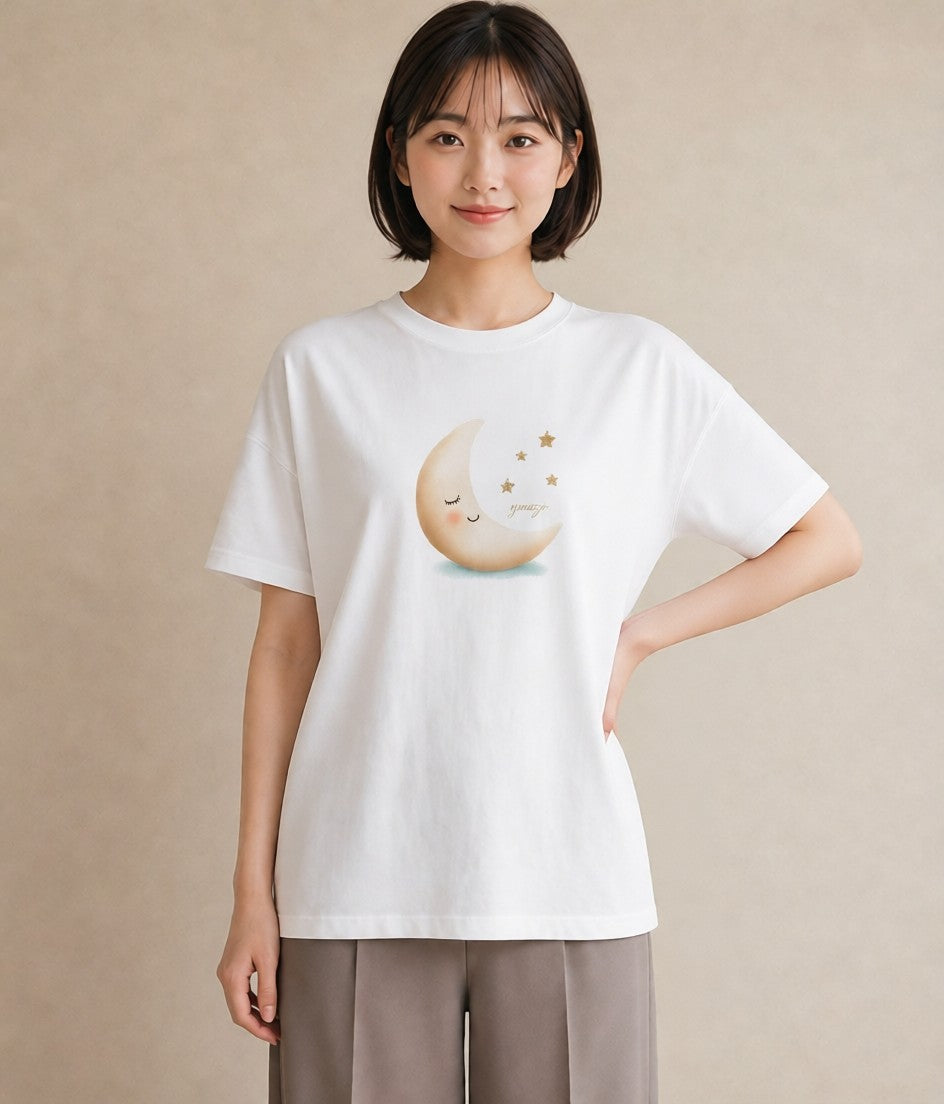 半袖Tシャツ レディース 三日月 星空 宇宙 イラスト モード 夏コーデ 通学 白T
